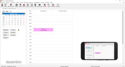 Agenda do sistema. Na agenda poder&aacute; ser agendado os clientes para realiza&ccedil;&atilde;o dos servi&ccedil;os. Poder&aacute; inserir, alterar, excluir, buscar e imprimir um agendamento. O sistema possui v&aacute;rias op&ccedil;&otilde;es para personalizar a sua agenda.