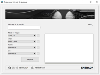 Tela de registro de entrada do ve&iacute;culo. Basta digitar a placa ou outro identificador &uacute;nico para realizar o registro de entrada do ve&iacute;culo. Poder&aacute;, opcionalmente, selecionar o modelo e cor do ve&iacute;culo. O cupom sempre ser&aacute; exibido ao lado. A empresa determinar&aacute; se deseja imprimir o cupom.